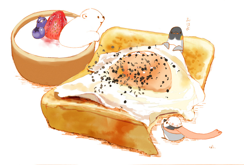 4others artist_name bear bird blueberry bowl bread bread_slice chai_(drawingchisanne) commentary egg_(food) egg_yolk food food_focus fried_egg fried_egg_on_toast fruit highres in_food looking_at_another looking_at_viewer multiple_others no_humans original penguin pepper_(spice) polar_bear scarf simple_background sitting_on_food strawberry sweets_bird toast translated undersized_animal white_background yogurt