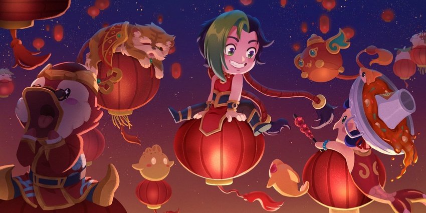 asymmetrical_bangs bare_shoulders black_hair bracelet china_dress chinese_clothes dress female firecracker_jinx fish food glasses green_hair grin jewelry jinx_(league_of_legends) lamp league_of_legends little_legend long_hair open_mouth outdoors second-party_source sitting smile teamfight_tactics teeth tongue twintails yangyexin