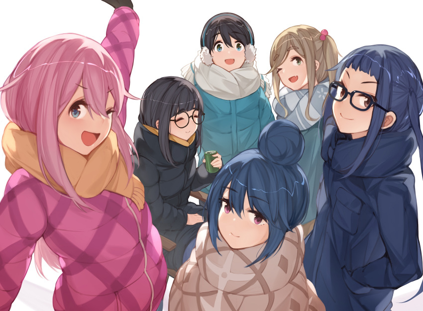 aqua_eyes black_hair blue_hair brown_eyes brown_hair drink earmuffs glasses green_eyes group hana_mori inuyama_aoi jpeg_artifacts kagamihara_nadeshiko long_hair oerba_yun_fang oogaki_chiaki pink_hair ponytail purple_eyes saitou_ena scarf shima_rin short_hair toba_minami white wink yuru_camp