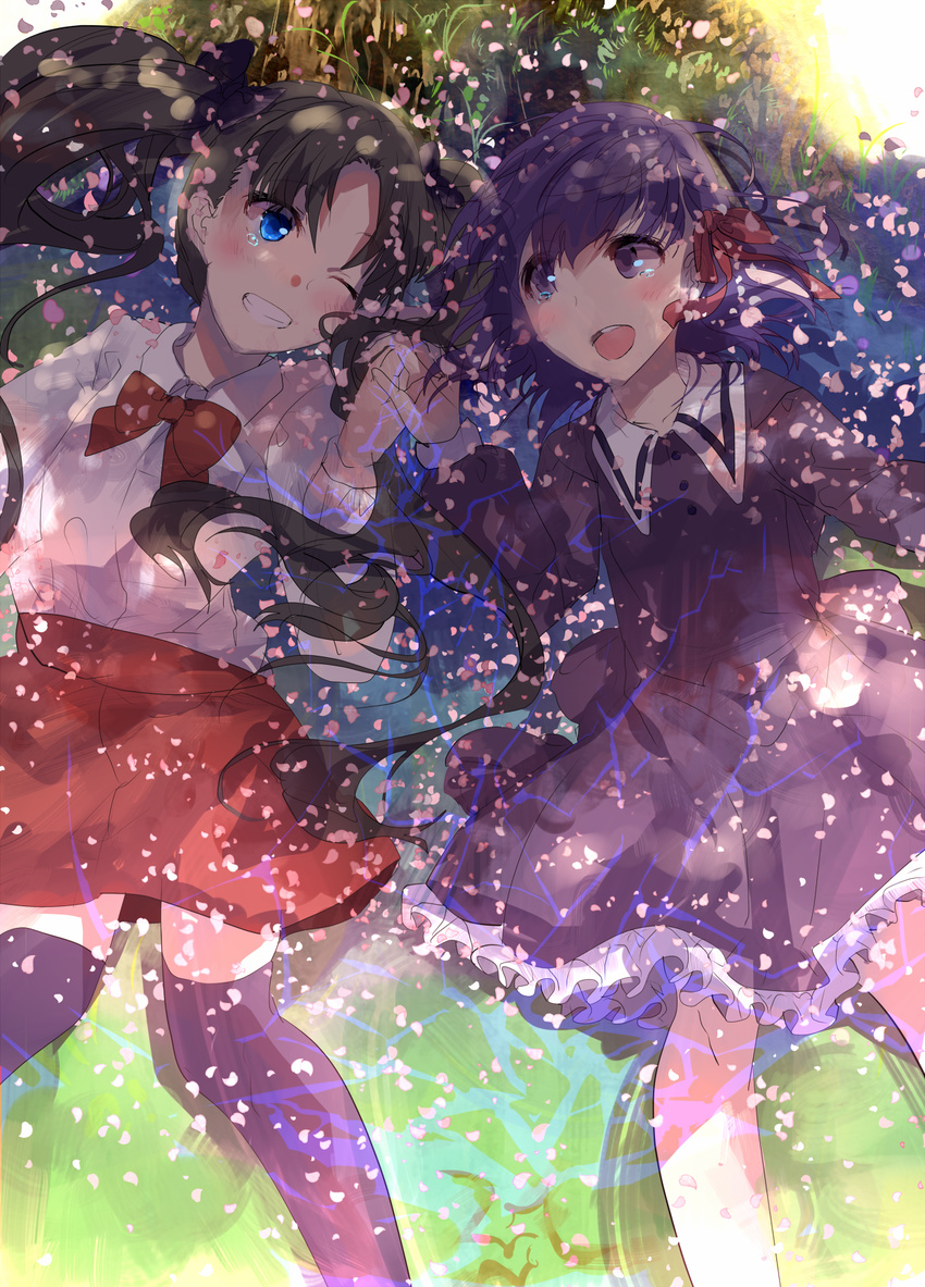 black_hair blue_eyes commentary_request dress fate/stay_night fate_(series) female highres hoshika_ranoe long_hair matou_sakura purple_eyes purple_hair siblings sisters thighhighs tohsaka_rin twintails