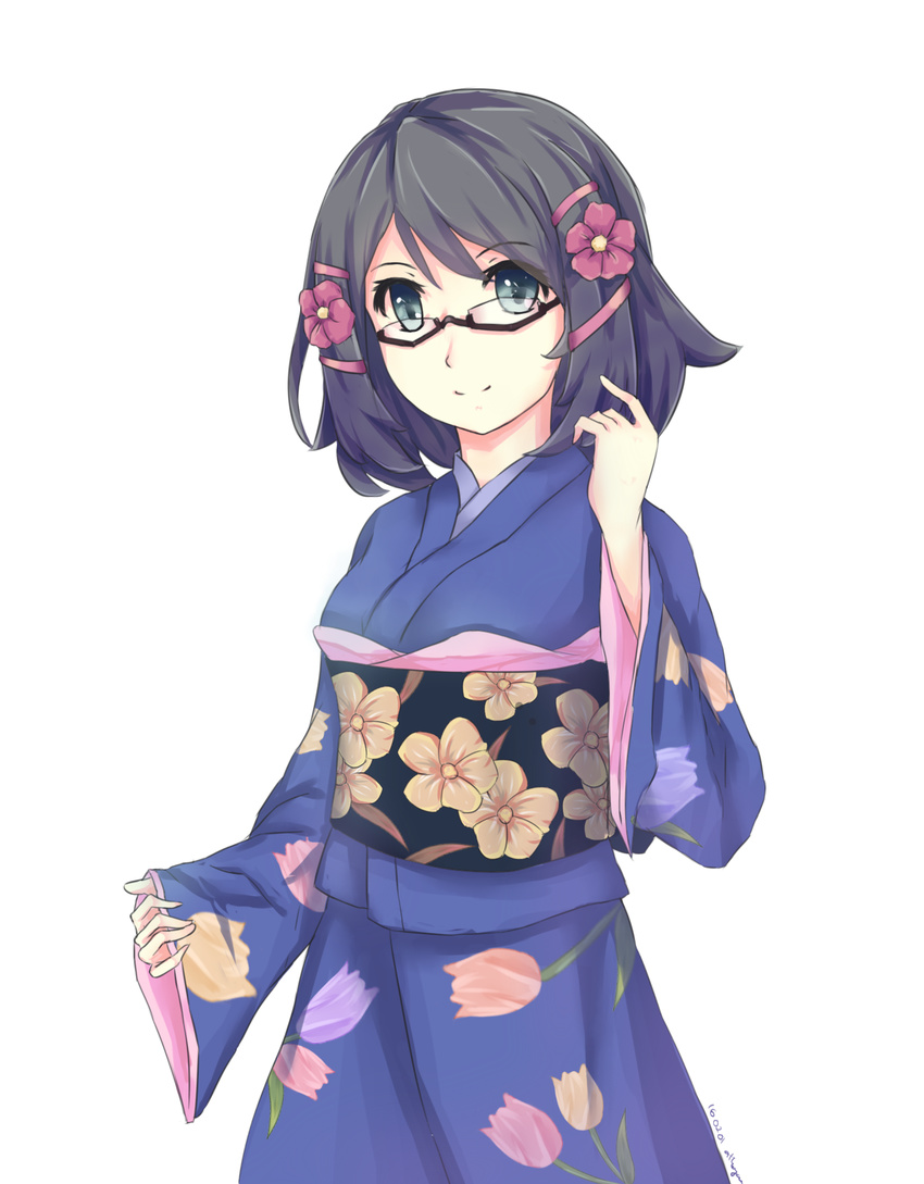 black_hair blue_hair breasts female flower glasses hair_ornament japanese_clothes kimono luck_&_logic short_hair smile yurine_tamaki