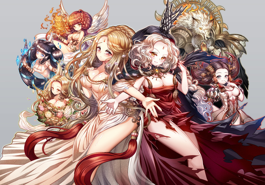 6+girls absurdres ausrine bad_id bad_pixiv_id black_hair blonde_hair blue_eyes blush braid breast_hold breasts brown_hair cape character_request cleavage crying dress fire flower gabiya giltine grey_hair highres jewelry laima large_breasts long_hair monster multiple_girls necklace no_bra poseich red_eyes red_hair saule see-through short_hair single_braid smile torn_clothes tree_of_savior twintails vakarine wings