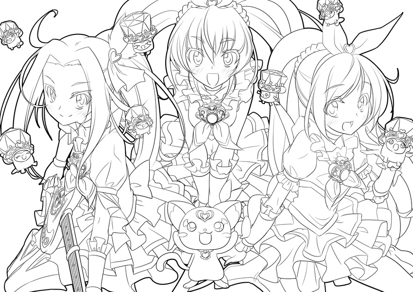 3girls absurdres blush boots brooch choker commentary_request cure_beat cure_melody cure_rhythm dory electric_guitar fary greyscale guitar heart highres houjou_hibiki hummy_(suite_precure) instrument jewelry kurokawa_eren lary line_art long_hair looking_at_viewer love_guitar_rod magical_girl midriff minamino_kanade miry monochrome mtu_(orewamuzituda) multiple_girls music navel open_mouth playing_instrument precure rery seiren_(suite_precure) side_ponytail skirt smile sory suite_precure thigh_boots thighhighs tiry twintails