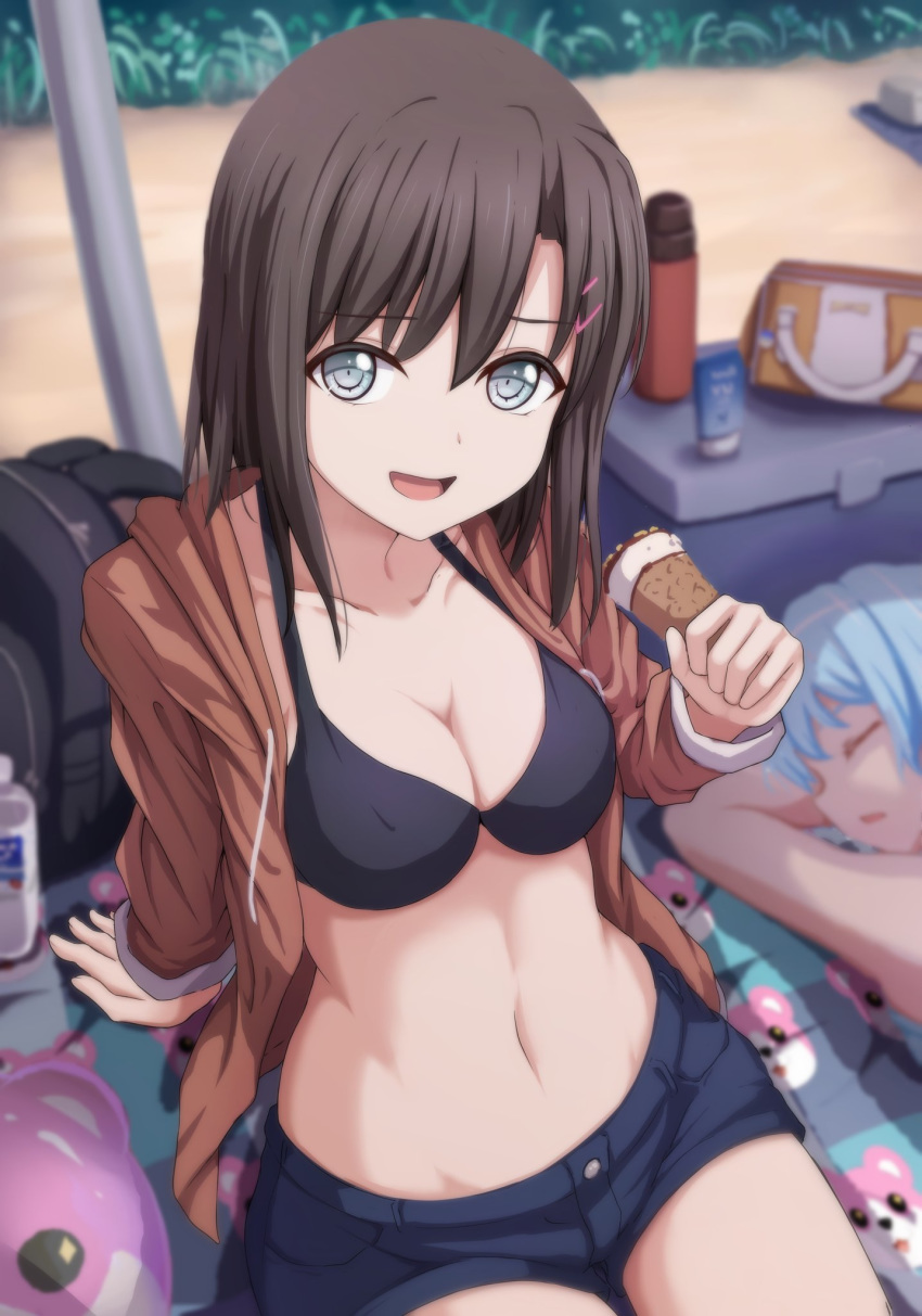 2girls :d arm_support backpack bad_id bad_twitter_id bag bang_dream! bikini bikini_top_only black_bikini black_hair blue_eyes blue_hair blurry blurry_background breasts brown_jacket cleavage closed_eyes collarbone commentary_request crepe day denim denim_shorts depth_of_field drawstring food groin hair_ornament hairclip hand_up highres holding holding_food hood hood_down hooded_jacket jacket light_blue_hair long_hair long_sleeves looking_at_viewer lotion_bottle lying medium_breasts michelle_(bang_dream!) multiple_girls narafume navel okusawa_misaki on_stomach open_clothes open_jacket open_mouth outdoors parted_lips short_shorts shorts sitting smile stomach swimsuit umbrella