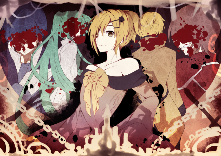 2boys 3girls aku_no_musume_(vocaloid) allen_avadonia anniversary aqua_hair armor bad_id bad_pixiv_id bare_shoulders blonde_hair blood blood_on_face blood_splatter blue_hair blue_neckwear brown_hair castle chains clenched_teeth collarbone commentary covered_face crazy_eyes dress empty_eyes evil_smile evillious_nendaiki flower gears germaine_avadonia grey_dress hair_ornament hairclip hatsune_miku kagamine_len kagamine_rin kaito_(vocaloid) kyle_marlon long_hair meiko_(vocaloid) michaela_(evillious_nendaiki) multiple_boys multiple_girls red_armor riliane_lucifen_d'autriche rose short_hair smile smirk teeth updo vocaloid yellow_eyes yuken_52