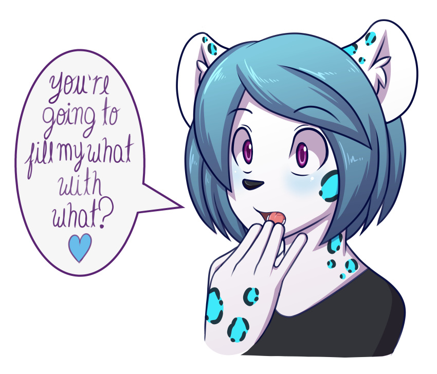 2018 absurd_res alpha_channel anthro black_nose blue_hair blush clothed clothing dialogue digital_media_(artwork) english_text felid foolish fur hair heart_symbol hi_res male mammal markings open_mouth pantherine purple_eyes shocked simple_background snow_leopard solo spots spotted_body spotted_fur text tongue transparent_background wastedtime white_body white_fur