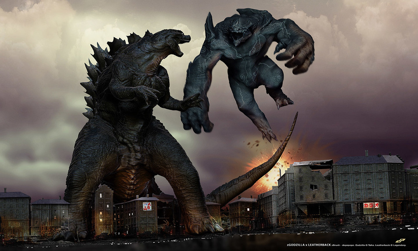 battle city crossover dinosaur dopepope explosion giant_monster glowing godzilla godzilla_(series) kaijuu leatherback legendary_pictures monster mutant pacific_rim toho_(film_company)