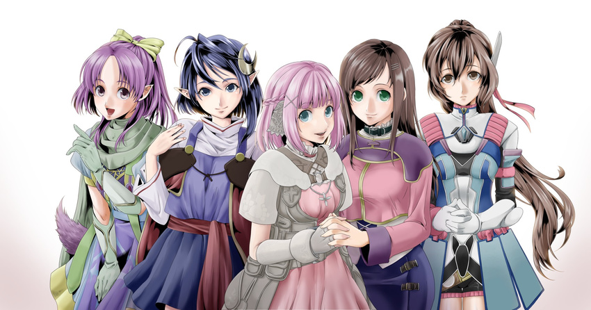 5girls bad_id bad_pixiv_id blue_eyes blue_hair blue_skirt bow braid brown_eyes brown_hair cape cowboy_shot crescent crescent_hair_ornament fingerless_gloves gloves green_eyes green_gloves hair_ornament hairbow half_updo high_ponytail highres in-franchise_crossover long_hair looking_at_viewer may0ray0 miki_sauvester millie_chliette multiple_girls own_hands_clasped own_hands_together pink_hair pink_shirt pink_skirt pointy_ears ponytail purple_hair rena_lanford saionji_reimi shirt short_hair shorts skirt smile sophia_esteed star_ocean star_ocean_first_departure star_ocean_integrity_and_faithlessness star_ocean_the_last_hope star_ocean_the_second_story star_ocean_till_the_end_of_time tail white_background white_gloves x_hair_ornament yellow_bow