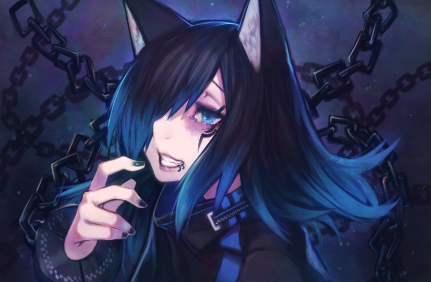 absurdres animal_ears black_nails blue_eyes blue_hair cat_ears chains clenched_teeth commentary doku-chan_(dokkudokudoku) female fingernails hair_over_one_eye highres lip_piercing lipgloss long_hair nail_polish oerba_yun_fang original parted_lips photoshop_(medium) piercing solo teeth upper_body