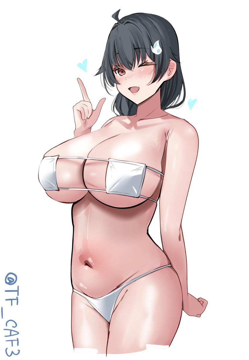 absurdres alternate_costume bikini black_hair blush breasts cleavage collarbone cowboy_shot eyepatch_bikini female hair_between_eyes hair_flaps hair_ornament highres jingei_(kancolle) kantai_collection large_breasts long_hair looking_at_viewer low_ponytail navel one-hour_drawing_challenge one_eye_closed open_mouth red_eyes simple_background smile solo swimsuit tf_cafe twitter_username white_background white_bikini