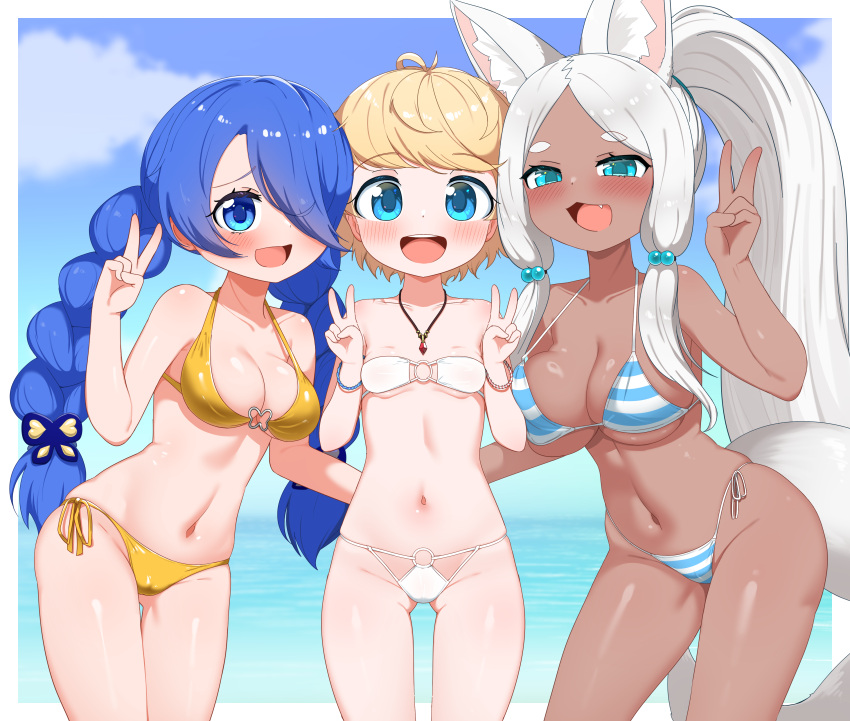 3girls :3 absurdres animal_ears beads blonde_hair blue_eyes blush borrowed_character braid breasts chis_(js60216) commentary_request corvilla_(azumayaemes) dark-skinned_female dark_skin double_v fox_ears fox_girl grey_hair hair_beads hair_ornament hair_over_one_eye highres inari-chan_(ransusan) long_hair looking_at_viewer multiple_girls navel oerba_yun_fang original ponytail ruri_(tenkiamesoda) small_breasts smile standing teeth twin_braids upper_teeth_only v