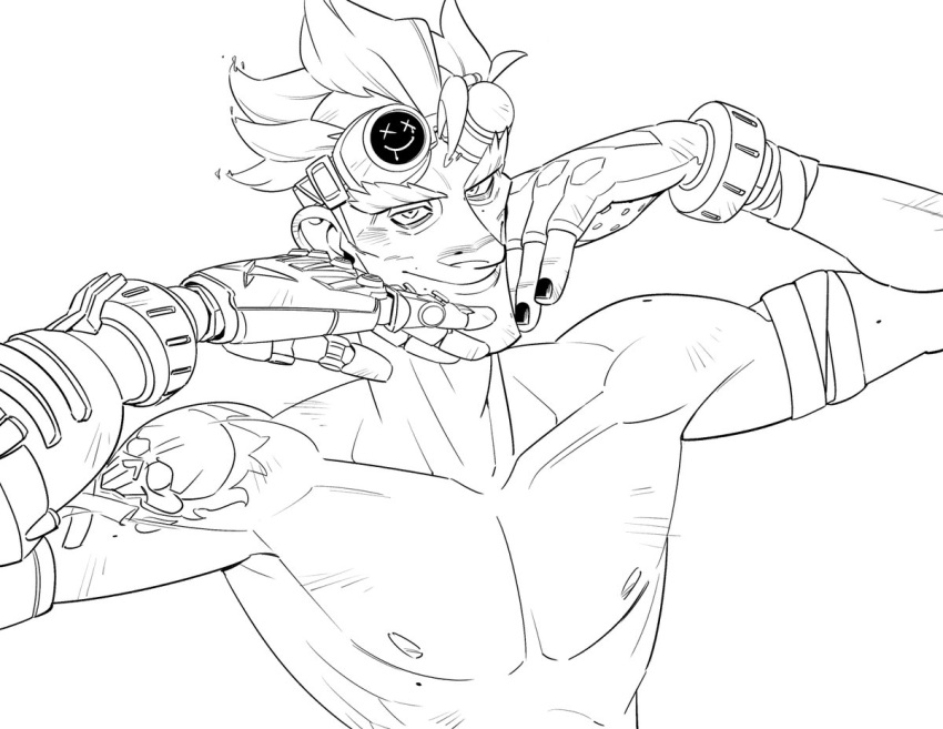 03kiyou 1boy arm_tattoo arms_up bandaged_arm bandages bare_shoulders bracelet collarbone fingerless_gloves glove_cutout gloves goggles goggles_on_head hands_on_own_cheeks hands_on_own_face jewelry junkrat_(overwatch) line_art looking_at_viewer male_focus nipples overwatch overwatch_1 pectorals prosthesis prosthetic_arm simple_background smile solo tattoo thick_eyebrows topless_male upper_body white_background