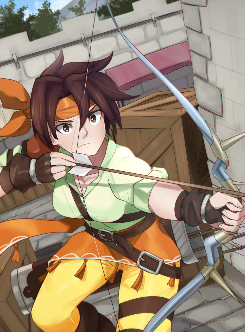 absurdres aiming arrow_(projectile) bow_(weapon) breasts brown_eyes brown_hair cleavage female fingerless_gloves fire_emblem fire_emblem:_thracia_776 gloves headband highres juno_son medium_breasts orange_headband outdoors short_hair sleeves_rolled_up tanya_(fire_emblem) weapon wooden_box