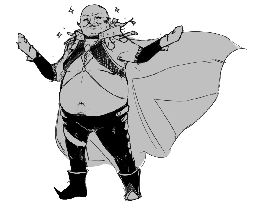 1boy absurdres alternate_costume asymmetrical_clothes asymmetrical_pants bald bald_spot balding black_bridal_gauntlets black_pants bridal_gauntlets clothing_cutout cm_lynarc crop_top facial_hair fat fat_man fire_emblem fire_emblem:_path_of_radiance fire_emblem:_radiant_dawn fire_emblem_engage highres leg_cutout male_focus midriff moustache navel oliver_(fire_emblem) pants sage_outfit_(fire_emblem_engage) single_pantsleg stomach