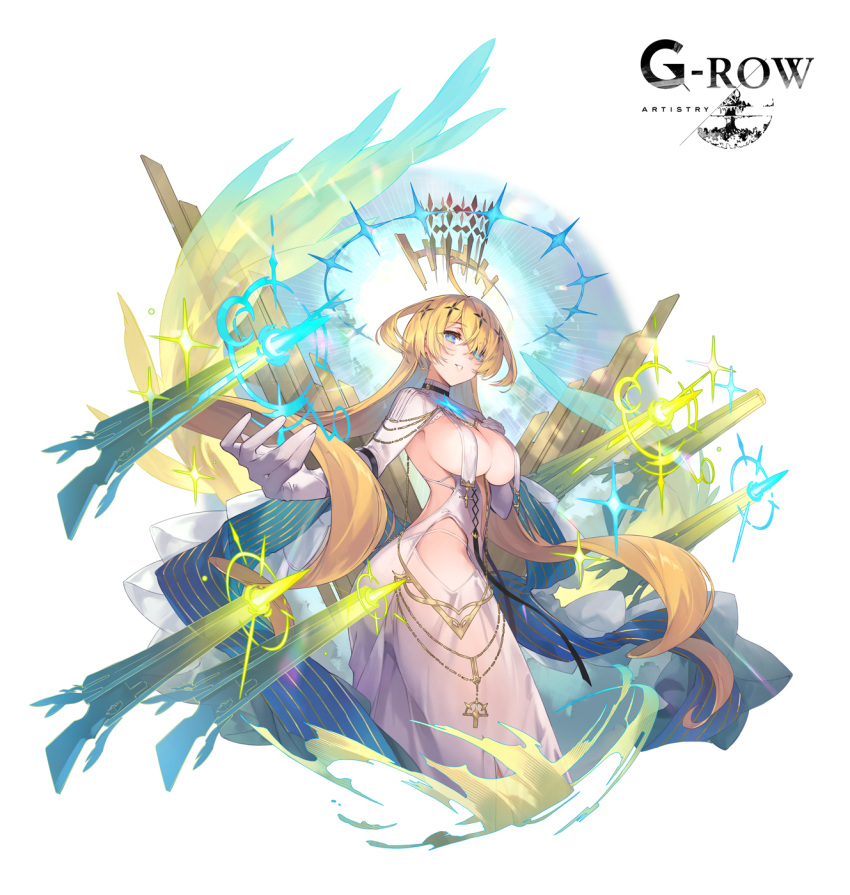 blonde_hair blue_eyes blue_halo breast_curtains dress female gloves hair_ornament halo highres long_hair official_alternate_costume official_art open_mouth outstretched_arm phantom_of_the_kill smile solo standing tiphereth_(phantom_of_the_kill) to_maru very_long_hair white_background white_dress white_gloves