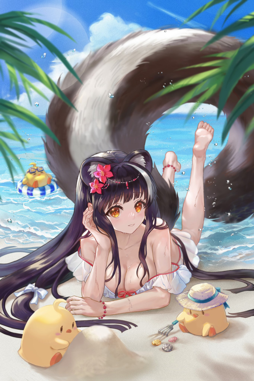 alternate_costume azur_lane beach black_hair blue_sky breasts cleavage day female flower frills hat highres large_breasts long_hair looking_at_viewer lying mahos_san manjuu_(azur_lane) naganami_(azur_lane) on_stomach orange_eyes outdoors pink_flower sand skunk_ears skunk_girl skunk_tail sky solo straw_hat summer sun_hat the_pose very_long_hair water