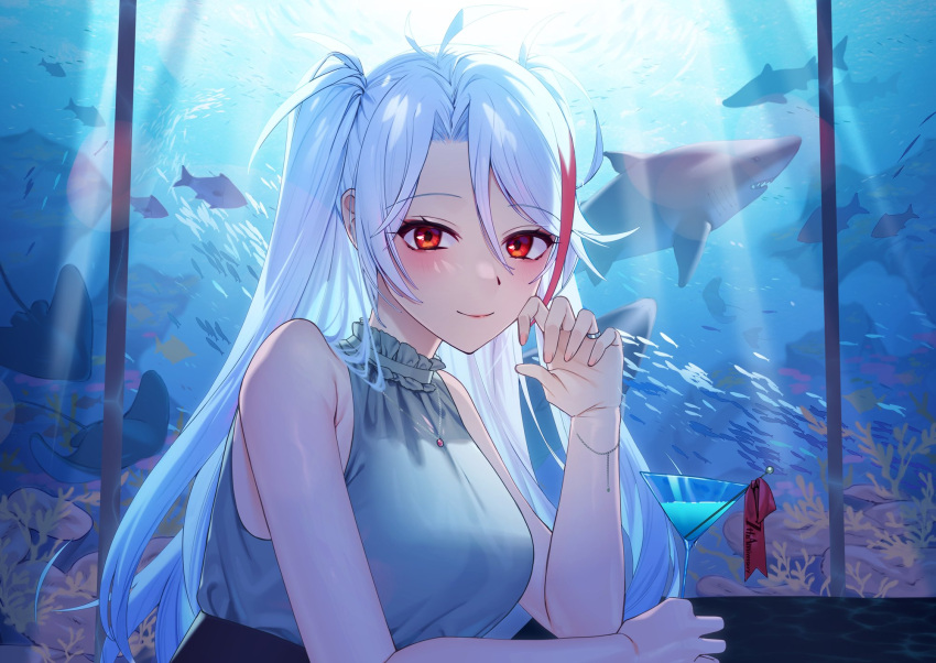 alternate_costume aquarium azur_lane blue_theme cocktail_glass cup drinking_glass female fish hair_between_eyes highres holding holding_cup leaning_forward maitei_roppa multicolored_hair pov_dating prinz_eugen_(azur_lane) red_eyes red_hair shark shirt sitting sleeveless sleeveless_shirt solo streaked_hair two-tone_hair underwater upper_body white_hair white_shirt