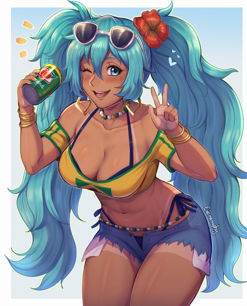 bikini blue_eyes blue_hair brazilian_flag brazilian_miku can commentary crop_top dark-skinned_female dark_skin drink english_commentary evomanaphy eyewear_on_head female flower guarana_antarctica hair_flower hair_ornament hand_up hatsune_miku highres holding holding_can jewelry long_hair looking_at_viewer nail_polish one_eye_closed open_mouth shorts signature sunglasses swimsuit tan tanlines v vocaloid