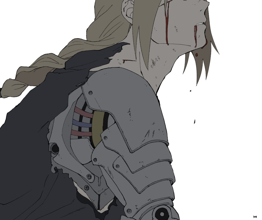 1boy automail black_shirt blonde_hair blood blood_from_mouth blood_on_face braid cropped_head cuts edward_elric exposed_internal_machinery fullmetal_alchemist highres injury long_hair looking_up male_focus mechanical_arms parted_lips prosthesis prosthetic_arm shirt simple_background single_braid single_mechanical_arm solo torn_clothes torn_shirt ufkqz upper_body white_background wire