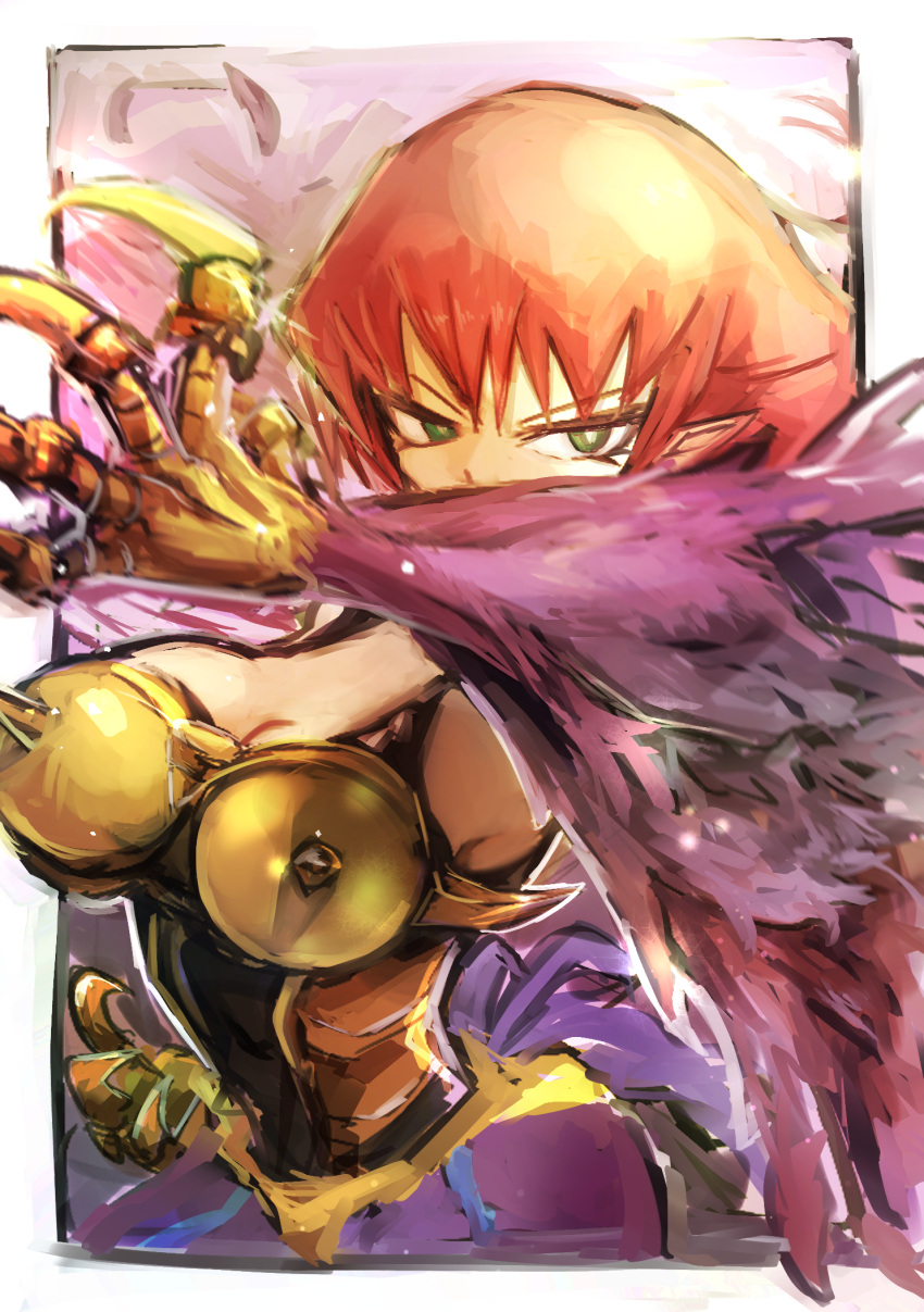 armor breasts claws cleavage covered_mouth cyber_slash_harpie_lady duel_monster female half-harpy harpie_lady hatano_kiyoshi highres incoming_attack large_breasts pink_hair solo winged_arms wings yu-gi-oh!