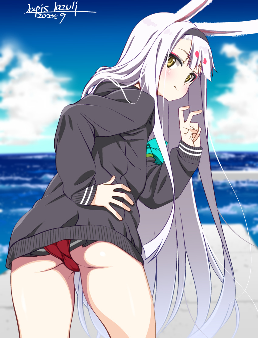 absurdres animal_ears ass azur_lane black_dress black_hairband black_jacket blush day dress eyeshadow female from_behind hairband hand_on_own_hip hand_up highres jacket leaning_forward long_hair makeup ocean outdoors panties rabbit_ears rabbit_girl red_eyeshadow red_panties shimakaze_(azur_lane) smile solo standing thighs umyonge_(lkakeu) underwear upskirt v very_long_hair white_hair yellow_eyes