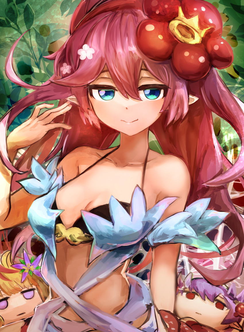 3girls absurdres black_bra blonde_hair blue_eyes bra breasts cleavage crop_top duel_monster flower hair_flower hair_ornament hatano_kiyoshi highres looking_at_viewer medium_breasts multiple_girls pink_hair pointy_ears purple_eyes purple_hair rafflesia_(flower) red_eyes smile solo_focus straight-on traptrix_atrax traptrix_nepenthes traptrix_rafflesia underwear yu-gi-oh!