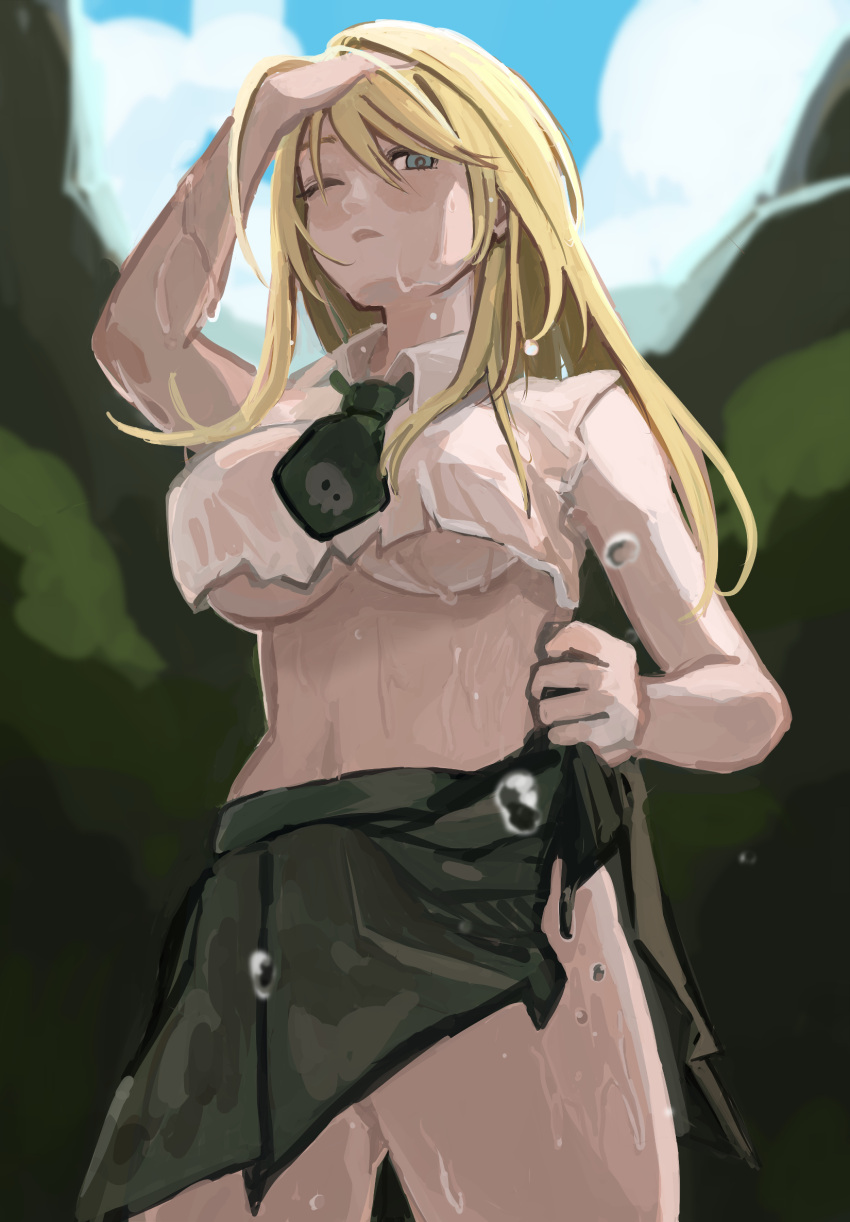 black_necktie blonde_hair blue_eyes breasts btooom! collared_shirt female hand_on_own_head highres himiko_(btooom!) kmusy_mp4 large_breasts long_hair necktie one_eye_closed parted_lips pleated_skirt see-through see-through_shirt shirt skirt solo torn_clothes torn_shirt underboob water_drop wet wet_clothes wet_shirt