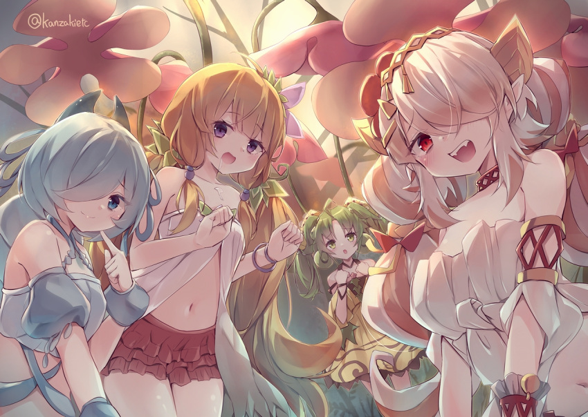 4girls blonde_hair blue_eyes blue_hair commentary_request crop_top duel_monster flower green_eyes green_hair kanzakietc looking_at_viewer multiple_girls navel pink_hair ponytail red_eyes smile stomach traptrix_arachnocampa traptrix_nepenthes traptrix_pinguicula traptrix_sera twintails yu-gi-oh!