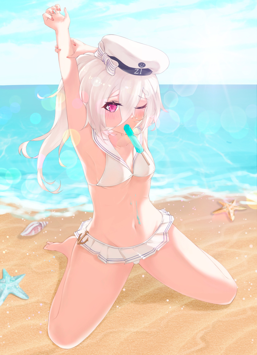 azur_lane beach bikini bikini_skirt blush breasts character_name commentary_request commission cosplay cream_on_body day female food food_in_mouth full_body hair_between_eyes highres hot kantai_collection kneeling long_hair melting microskirt mouth_hold navel ocean outdoors petite pink_eyes pixiv_commission pleated_skirt popsicle popsicle_in_mouth sailor_collar shell side_ponytail skirt small_breasts smiley_face solo spread_legs starfish stomach sunlight swimsuit takedzutsu_sake thighs white_bikini white_hair white_sailor_collar z1_leberecht_maass_(azur_lane) z1_leberecht_maass_(kancolle) z1_leberecht_maass_(kancolle)_(cosplay) z1_leberecht_maass_(swimsuit_mode)_(kancolle)