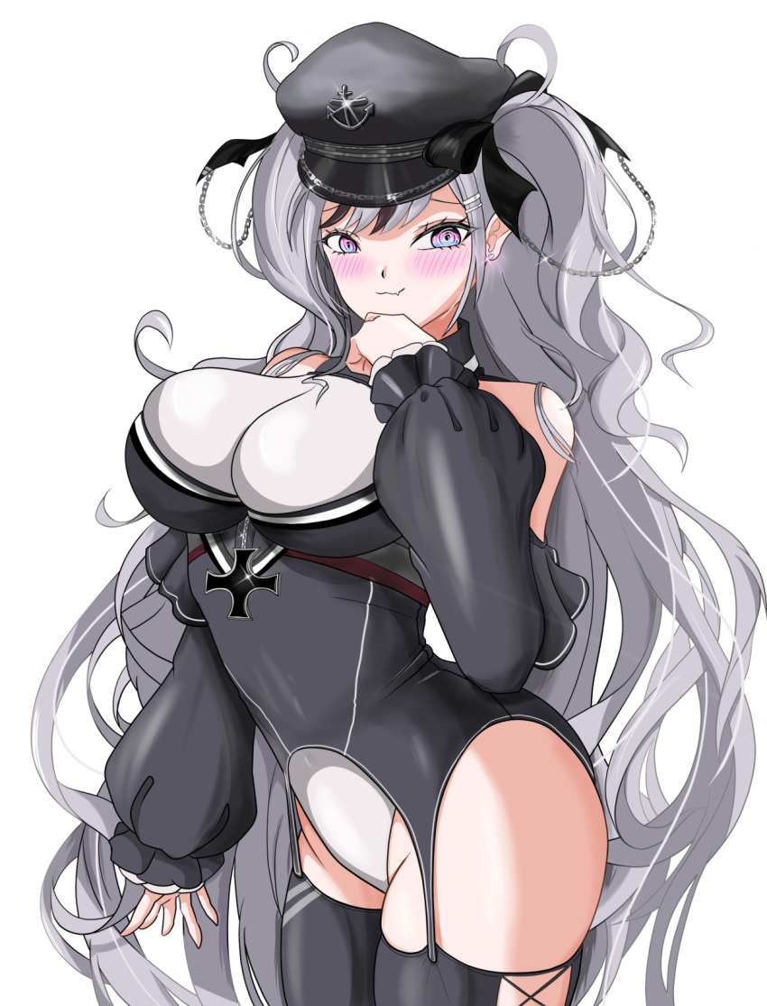 :3 @_@ anchor_hat_ornament azur_lane bare_shoulders black_hair black_ribbon blue_eyes blush breasts cross cross-laced_clothes cross-laced_legwear curly_hair earrings elbe_(azur_lane) female groin hair_between_eyes hair_ornament hair_ribbon hairclip hand_on_own_face hand_up hat hat_ornament highres hip_focus iron_cross jewelry kei4 large_breasts leaning_forward leaning_to_the_side long_hair long_sleeves multicolored_hair oerba_yun_fang pink_eyes ribbon skindentation solo thighs two-tone_eyes two-tone_hair very_long_hair white_hair