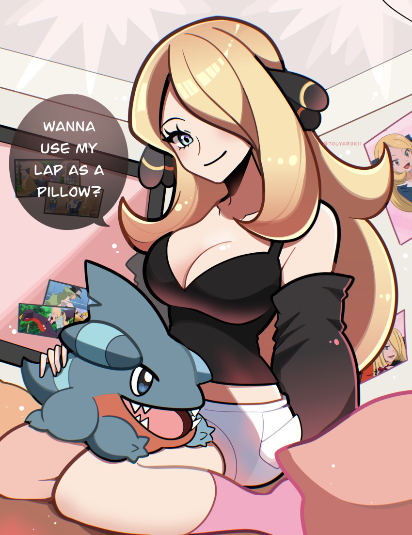 alternate_costume bare_shoulders black_shirt blonde_hair blue_eyes breasts cleavage colored_skin cynthia_(pokemon) dragon english_text female gible green_skin hair_over_one_eye highres large_breasts long_hair looking_at_viewer pokemon pokemon_(creature) pokemon_dppt red_skin sharp_teeth shirt shorts smile speech_bubble teeth touyarokii white_shorts