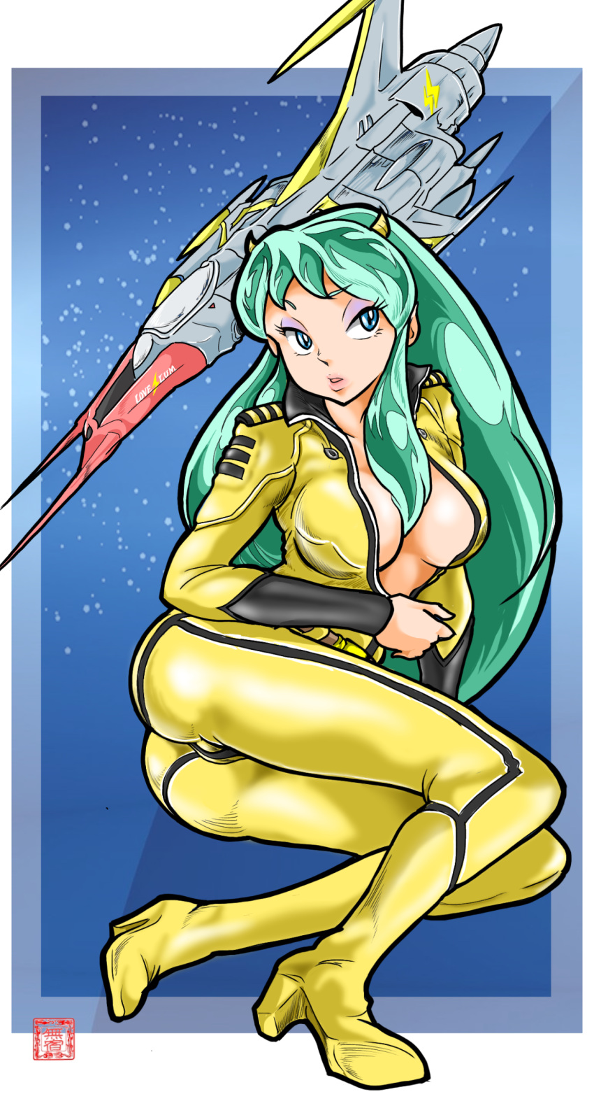 alternate_costume ass blue_eyes bodysuit breasts cosplay female green_hair highres horns large_breasts long_hair looking_at_viewer lum mori_yuki mushuku_(cgckfaoaoy4p1hx) oni solo uchuu_senkan_yamato urusei_yatsura