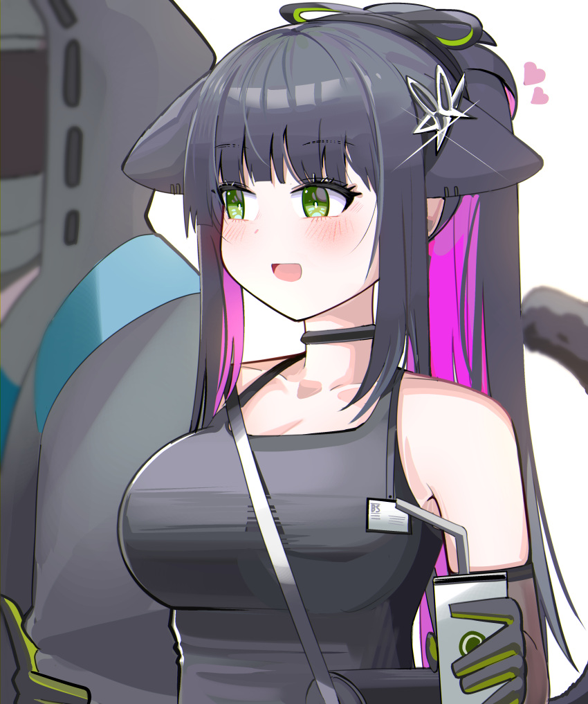 1other :d absurdres animal_ears arknights arm_hug bare_shoulders black_collar black_gloves black_hair black_jacket black_shirt black_tail blush breasts cleavage collar colored_inner_hair commentary doctor_(arknights) drink drinking_straw female glint gloves green_eyes green_gloves hair_ornament heart highres holding holding_drink hood hood_up hooded_jacket jacket jessica_(arknights) jessica_the_liberated_(arknights) long_hair long_sleeves multicolored_hair open_mouth pink_hair ponytail ribbon-trimmed_hood ribbon_trim shirt sidelocks simple_background sleeveless sleeveless_shirt smile spam_(spamham4506) tail tail_raised upper_body white_background