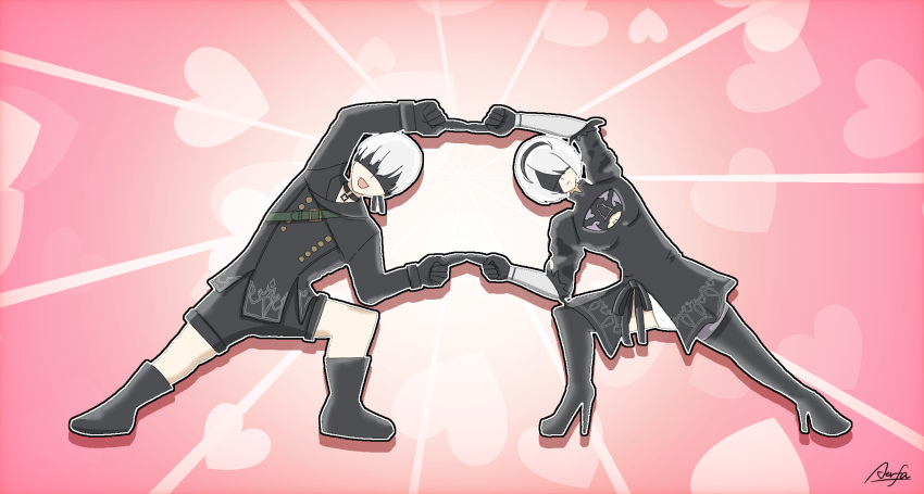 1boy 2b_(nier:automata) 9s_(nier:automata) :d black_blindfold black_dress black_footwear black_gloves blindfold boots buttons commentary_request double-breasted dress facing_viewer female fusion_dance gloves heart high_heel_boots high_heels highres leaning_to_the_side nier:automata nier_(series) signature smile standing timama_timama white_hair