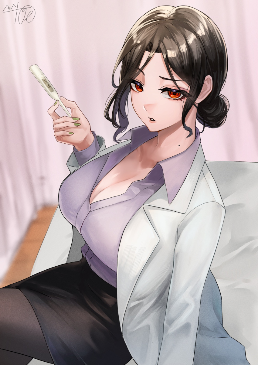 black_hair blush breasts curtains female hair_bun hair_ornament hair_over_one_eye highres infirmary large_breasts long_hair looking_at_viewer nekotokage nijisanji nurse open_mouth orange_eyes privacy_screen school_nurse shirayuki_tomoe virtual_youtuber