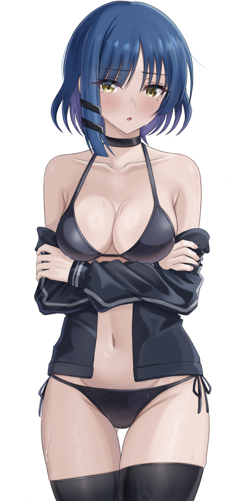 absurdres alternate_costume ass_visible_through_thighs asymmetrical_bangs asymmetrical_sidelocks bikini black_bikini black_choker black_jacket black_thighhighs blue_hair blush bocchi_the_rock! breasts choker cleavage commentary_request cowboy_shot cropped_jacket crossed_arms female highres jacket large_breasts long_sleeves looking_at_viewer makise_(mix020511) mole mole_under_eye navel off_shoulder open_mouth short_hair side-tie_bikini_bottom simple_background solo stomach sweat swimsuit thigh_gap thighhighs white_background yamada_ryo yellow_eyes