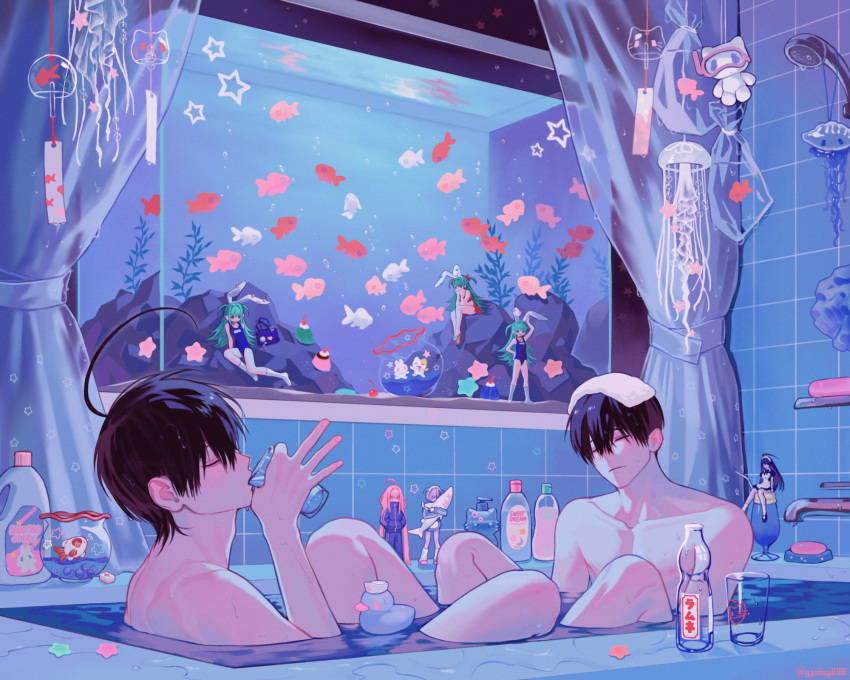 2boys ahoge bathing bathtub black_hair bottle cup curtains drink faucet figure fish fish_tank gyuing666 highres holding holding_cup huge_ahoge indoors jellyfish male_focus multiple_boys nude original otaku rubber_duck same-sex_bathing shared_bathing short_hair water