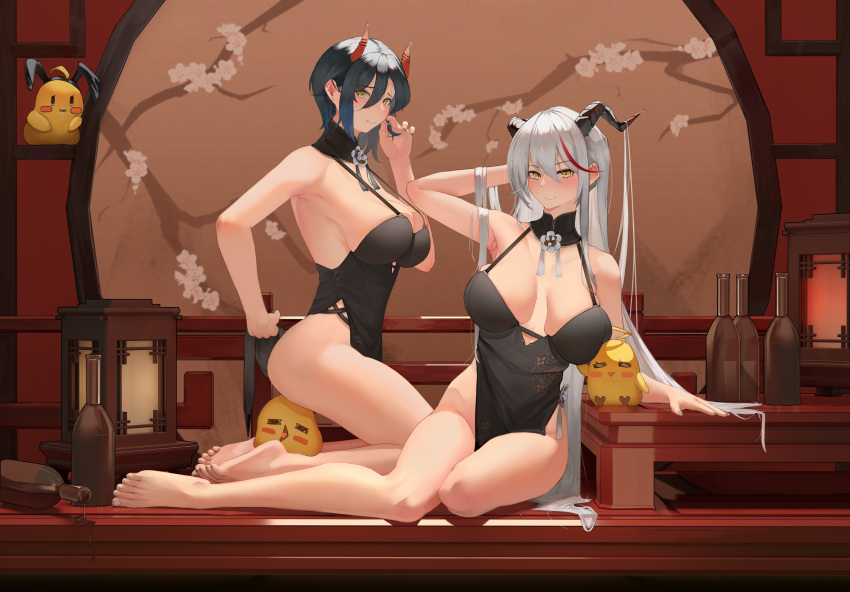 absurdres aegir_(azur_lane) alternate_breast_size alternate_costume animal_ears azur_lane barefoot black_dress black_hair black_horns breasts china_dress chinese_clothes cleavage demon_horns detached_collar dress fake_animal_ears feet full_body glass_bottle grey_hair hair_between_eyes hair_on_horn highres horns indoors large_breasts long_hair manjuu_(azur_lane) mechanical_horns multicolored_hair pelvic_curtain rabbit_ears red_hair red_horns shiqjm short_hair sleeveless sleeveless_dress slit_pupils streaked_hair two-tone_hair ulrich_von_hutten_(azur_lane) very_long_hair yellow_eyes