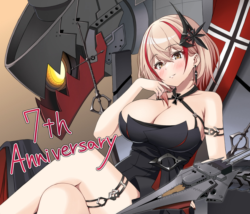 amamiya_akira armlet azur_lane bare_shoulders black_dress breasts brown_eyes cocktail_dress collarbone commentary_request cross cross_earrings crossed_legs dress earrings english_text evening_gown female hair_between_eyes hair_ornament halter_dress halterneck iron_cross jewelry large_breasts looking_at_viewer multicolored_hair non-humanoid_robot official_alternate_costume red_hair robot robot_animal roon_(azur_lane) roon_(dark_red_grin)_(azur_lane) short_hair sitting sleeveless sleeveless_dress solo streaked_hair thighlet two-tone_hair