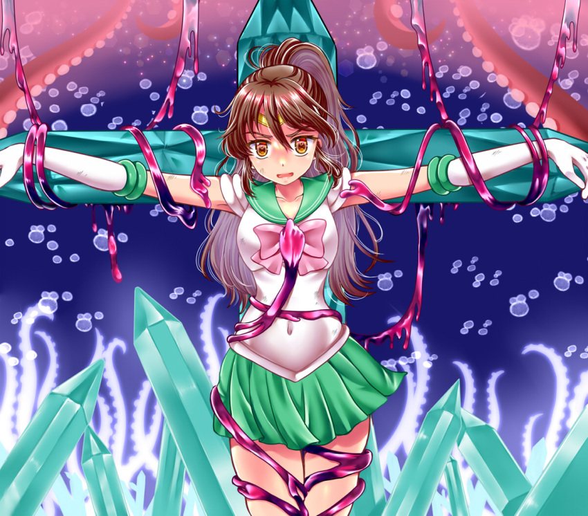 ashigara_(kancolle) bishoujo_senshi_sailor_moon breasts brown_eyes brown_hair cosplay crucifixion elbow_gloves female gloves green_sailor_collar green_skirt hair_between_eyes izumi_shara kantai_collection large_breasts long_hair looking_at_viewer magical_girl miniskirt ponytail restrained sailor_collar sailor_jupiter sailor_jupiter_(cosplay) sailor_senshi_uniform skirt solo tentacle very_long_hair white_gloves