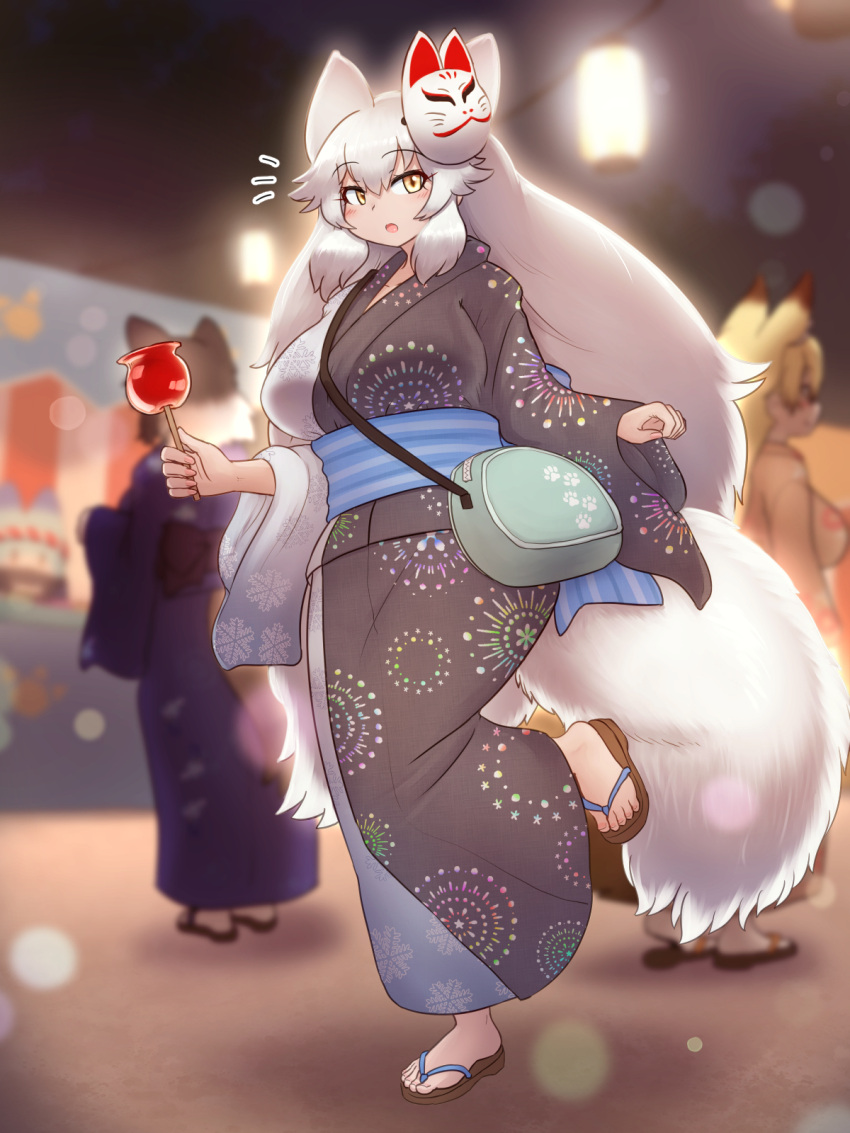 3girls animal_ears arctic_fox_(kemono_friends) blonde_hair blush breasts candy_apple extra_ears festival fireworks_print food fox_ears fox_girl fox_tail grey_hair hair_between_eyes highres holding holding_food japanese_clothes kemono_friends kemono_friends_3 kimono large_breasts long_hair looking_at_viewer mask mask_on_head mo23 multicolored_hair multiple_girls obi oerba_yun_fang sash silver_fox_(kemono_friends) summer_festival tail tanuki_(kemono_friends) white_fur