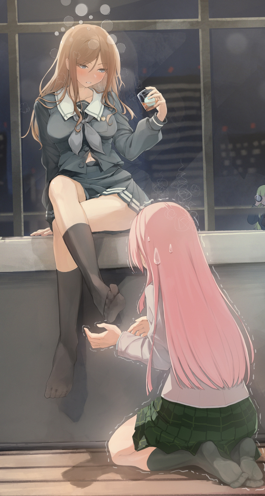 2girls 3girls absurdres alcohol arm_at_side bang_dream! bang_dream!_it's_mygo!!!!! black_socks blue_eyes blurry blurry_background blush breast_pocket breasts brh brown_hair building buttons chihaya_anon chinese_commentary commentary_request crossed_legs cup dorsiflexion drinking_glass drunk facing_away feet glint green_hair green_skirt grey_neckerchief grey_shirt grey_skirt hair_between_eyes half-closed_eyes hand_up hands_up haneoka_school_uniform highres holding holding_cup ice ice_cube indoors jacket kneehighs legs long_hair long_sleeves looking_at_another looking_down medium_breasts midriff_peek miniskirt multiple_girls nagasaki_soyo neckerchief night no_shoes on_floor parted_bangs parted_lips partially_unbuttoned peeping pink_hair plaid_clothes plaid_skirt pleated_skirt pocket sailor_collar school_uniform seiza serafuku shadow shirt shot_glass sitting skirt skyscraper socks soles spyglass squeans sweatdrop toes trembling tsukinomori_school_uniform wakaba_mutsumi wavy_hair white_jacket white_sailor_collar window wooden_floor yuri