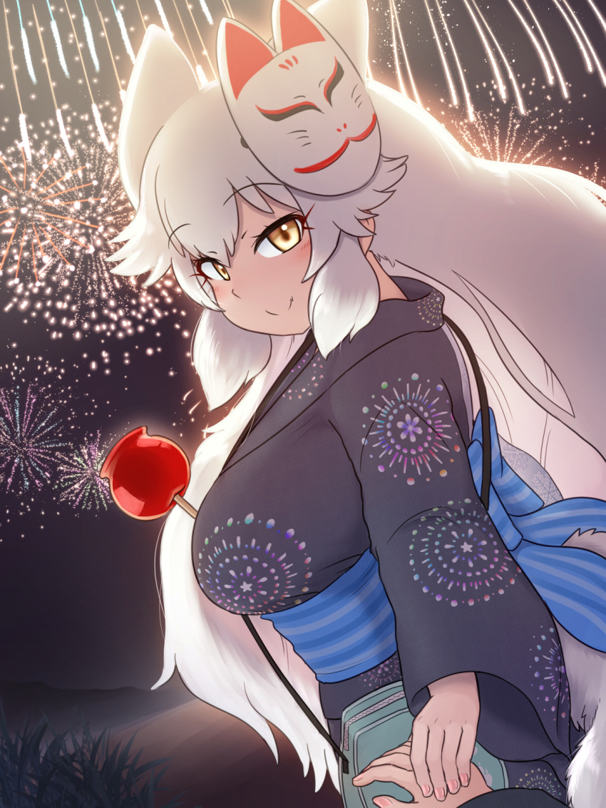 aerial_fireworks animal_ears arctic_fox_(kemono_friends) blush candy_apple extra_ears female festival fireworks fireworks_print food fox_ears fox_girl fox_tail highres holding_hands japanese_clothes kemono_friends kemono_friends_3 kimono long_hair long_sleeves looking_at_viewer mask mask_on_head mo23 obi pov pov_hands print_kimono sash smile solo summer_festival tail white_hair yellow_eyes yukata