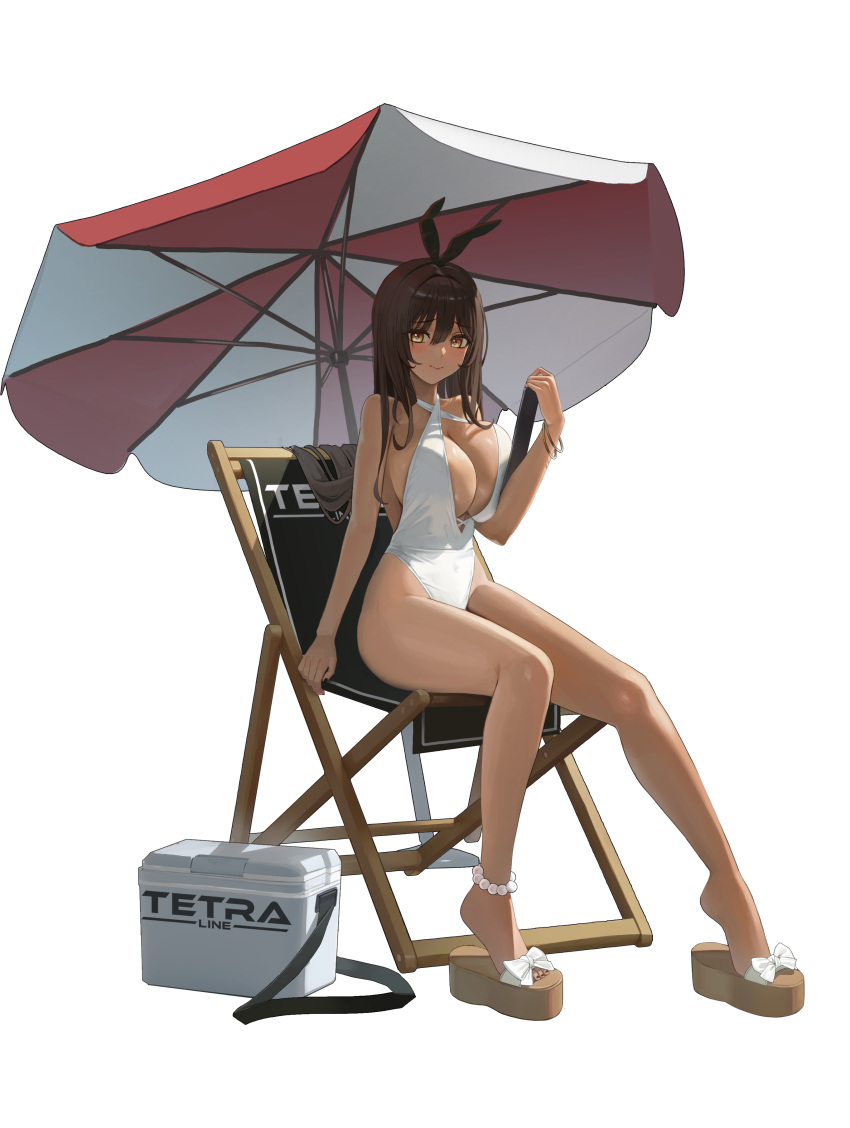 absurdres animal_ears anklet arm_support bare_shoulders beach_umbrella bracelet breast_press breasts brown_hair chair cleavage closed_mouth cooler dark-skinned_female dark_skin deck_chair fake_animal_ears female folding_chair goddess_of_victory:_nikke hair_between_eyes hallo_(rltkdydrltk) halterneck highres holding holding_tablet_pc jewelry large_breasts long_hair looking_at_viewer noir_(nikke) one-piece_swimsuit platform_footwear rabbit_ears sandals sitting smile solo swimsuit tablet_pc umbrella very_long_hair white_background white_one-piece_swimsuit yellow_eyes