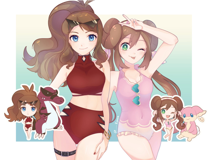 2girls absurdres audino bangle blue_eyes bracelet breasts brown_hair chibi chibi_inset cleavage closed_mouth commentary_request double_bun eyelashes eyewear_hang hair_bun heart heart-shaped_eyewear high_ponytail highres hilda_(pokemon) jewelry krookodile long_hair multiple_girls multiple_views nail_polish one-piece_swimsuit one_eye_closed pink_one-piece_swimsuit pokemon pokemon_(creature) pokemon_bw pokemon_bw2 red_nails rosa_(pokemon) ryusa_(gjgd7445) sidelocks smile sunglasses swimsuit thigh_strap tongue tongue_out twintails unworn_eyewear