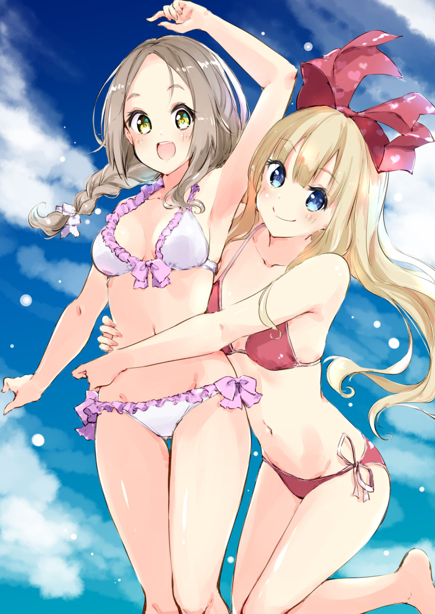 2girls :d arm_up armpits atelier_(series) atelier_firis barefoot bikini blonde_hair blue_eyes blue_sky blush bow braid breasts brown_hair cleavage closed_mouth cloud cowboy_shot day firis_mistlud frilled_bikini frills green_eyes hairbow highres hug ilmeria_von_leinweber long_hair looking_at_viewer medium_breasts minidraco multiple_girls navel open_mouth outdoors red_bikini sky smile standing swimsuit white_bikini