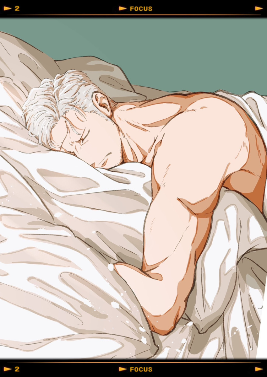 1boy bara beard_stubble bed bed_sheet closed_eyes commentary facial_hair frown green_background highres lying male_focus mature_male miyaji_art muscular muscular_male nude on_bed one_piece pillow scar scar_on_face scar_on_forehead short_hair sleeping smoker_(one_piece) solo stubble symbol-only_commentary under_covers user_interface white_hair