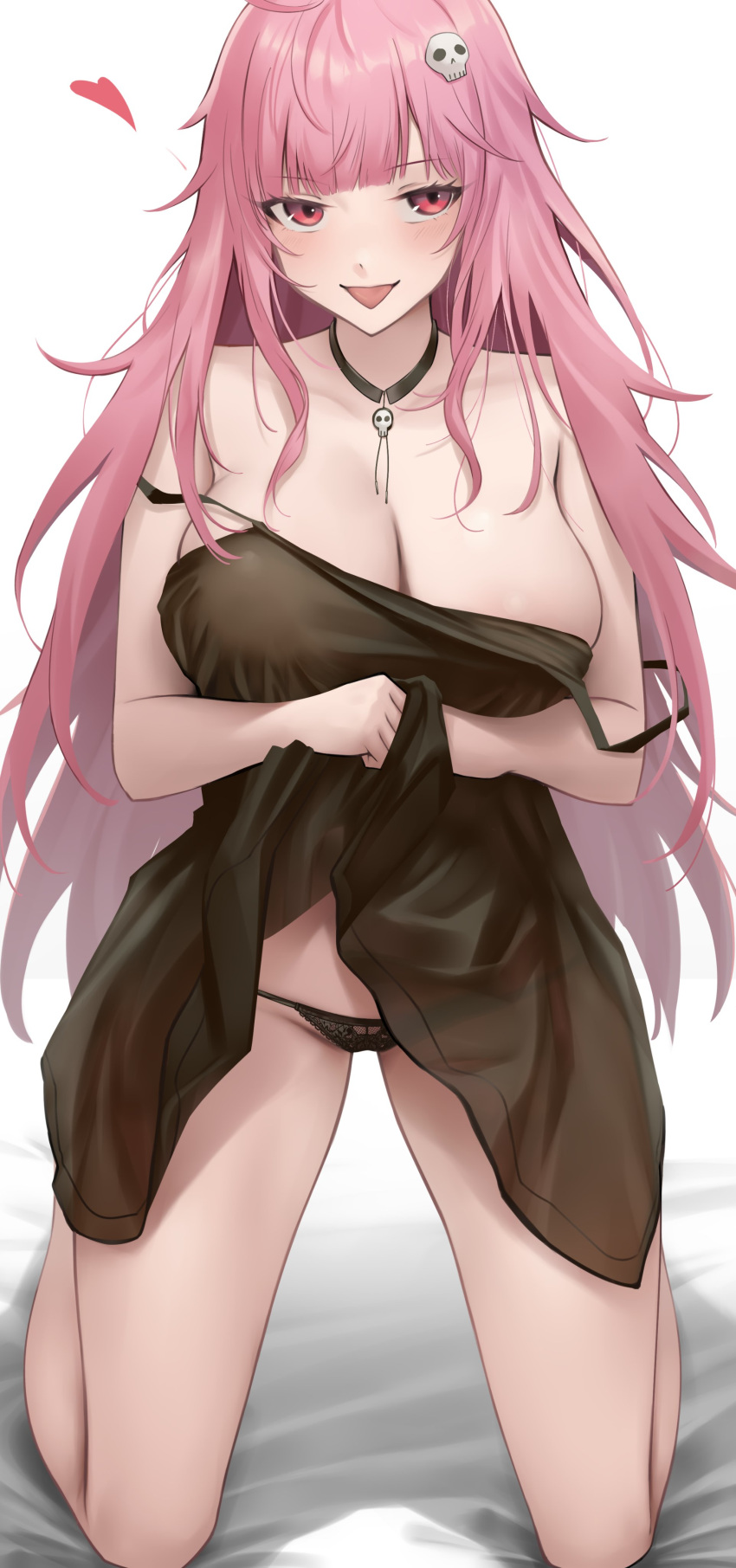 absurdres bare_shoulders bed_sheet black_nightgown black_panties blush breasts cleavage collarbone commentary double_strap_slip english_commentary female hair_ornament heart highres hololive hololive_english huge_breasts kneeling lifting_own_clothes long_hair looking_at_viewer messy_hair mori_calliope mori_calliope_(sleepwear) nightgown nightgown_lift official_alternate_costume panties pink_eyes pink_hair skull_hair_ornament smile solo somebody_(leiking00) thighs tongue tongue_out underwear virtual_youtuber white_background