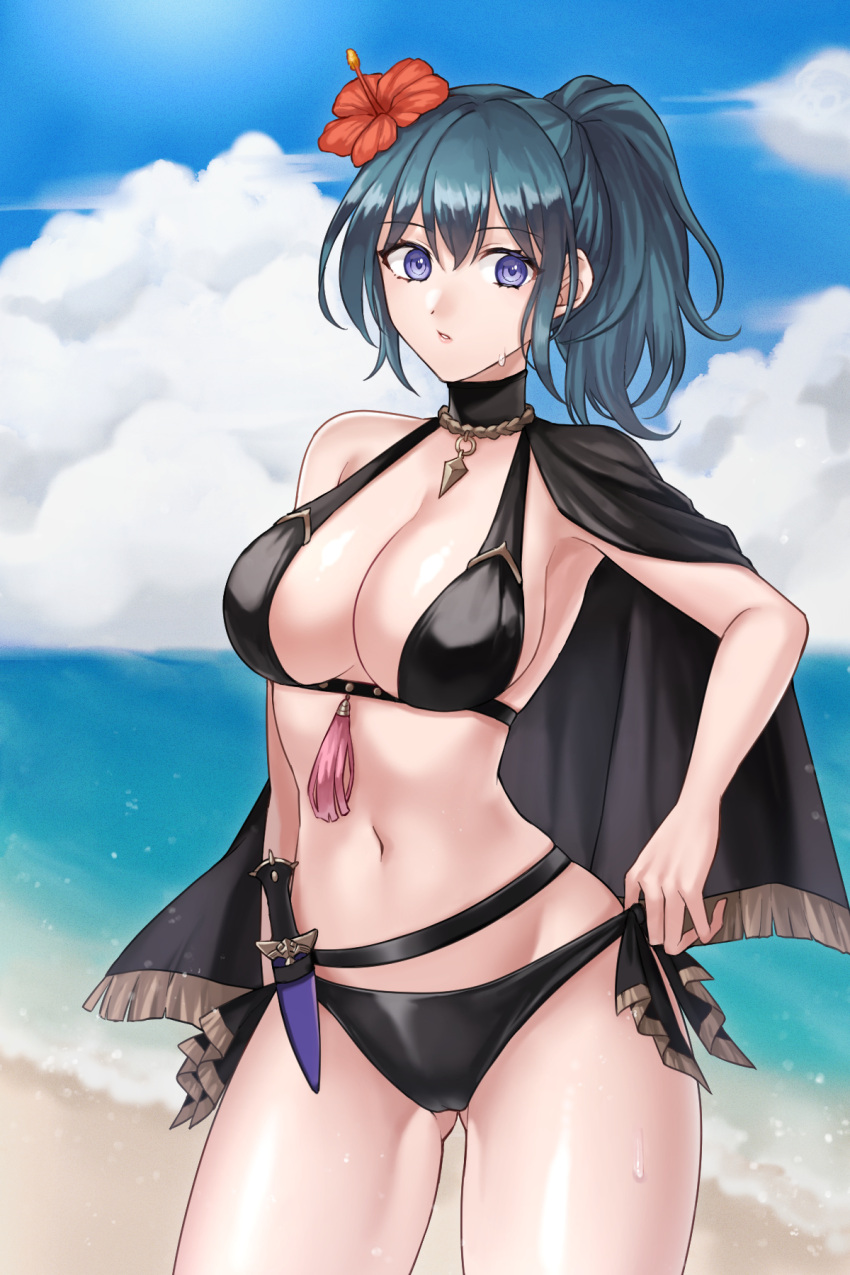 ass_visible_through_thighs beach bikini black_bikini black_cape black_choker blue_eyes blue_hair blue_sky breasts byleth_(female)_(fire_emblem) byleth_(fire_emblem) cape choker cloud commentary_request cowboy_shot dagger day female fire_emblem fire_emblem:_three_houses fire_emblem_heroes hazuki_(nyorosuke) highres knife large_breasts long_hair looking_at_viewer navel ocean official_alternate_costume parted_lips ponytail single_bare_shoulder sky solo standing stomach swimsuit thighs water weapon