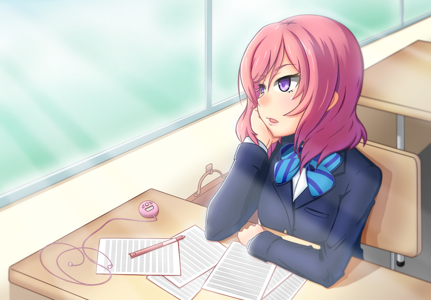 bad_id bad_pixiv_id blazer blue_bow blue_bowtie blush bow bowtie chair classroom desk digital_media_player earbuds earphones earphones_removed female head_rest highres indoors jacket long_sleeves looking_outside love_live! love_live!_school_idol_project mechanical_pencil medium_hair nishikino_maki nuenya otonokizaka_school_uniform parted_lips pencil purple_eyes red_hair school_chair school_desk school_uniform sheet_music solo striped_bow striped_bowtie striped_clothes sunlight window winter_uniform